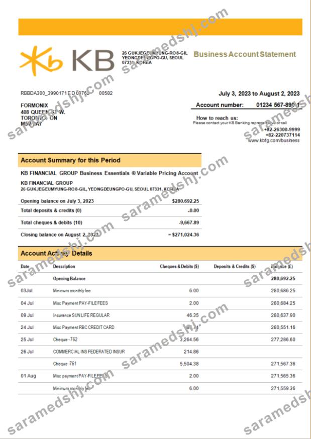 KB Financial Group bank company checking account statement Word and PDF template
